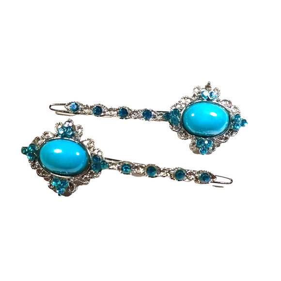 Barrette Clips Silver Tone Blue Aqua Color stone? Blue Rhinestone Set Of 2 Party - Picture 3 of 11